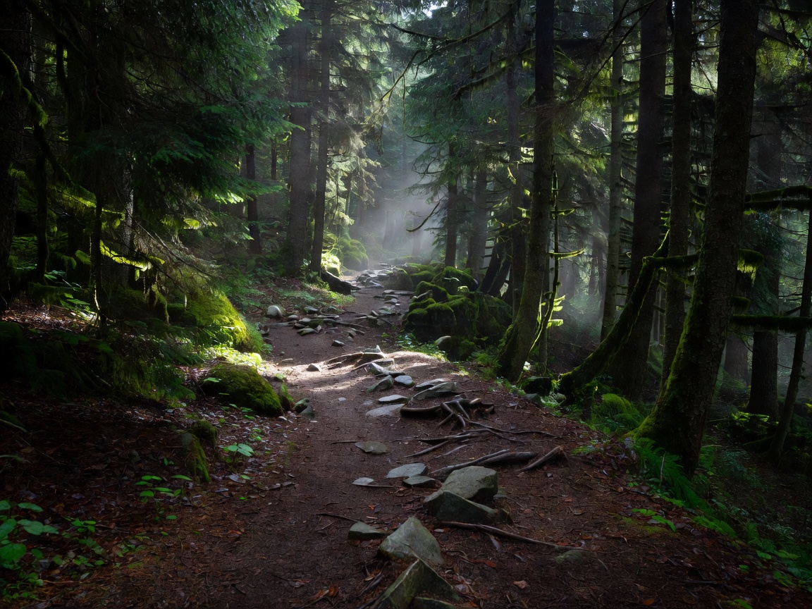 Thick alpine forest path in British Columbia