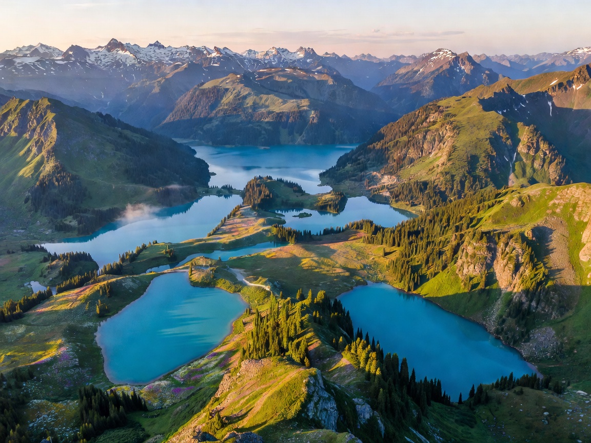 Aerial view of alpine lakes and valleys